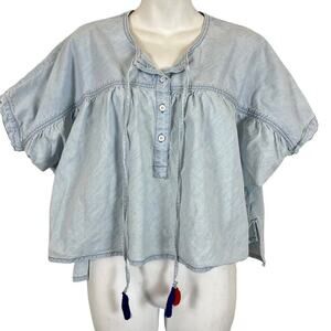 Lucky Brand Shirred Button Front Popover Chambray Denim Blue Top Shirt sz XS